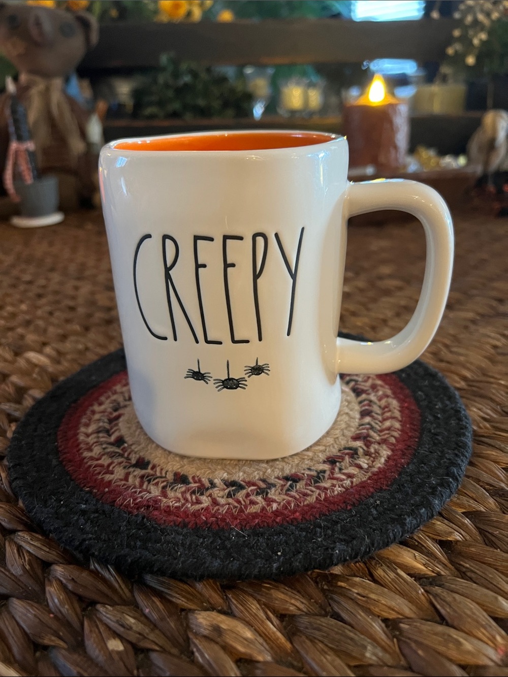Rae Dunn White Ceramic Mug with Orange Interior - CREEPY Design